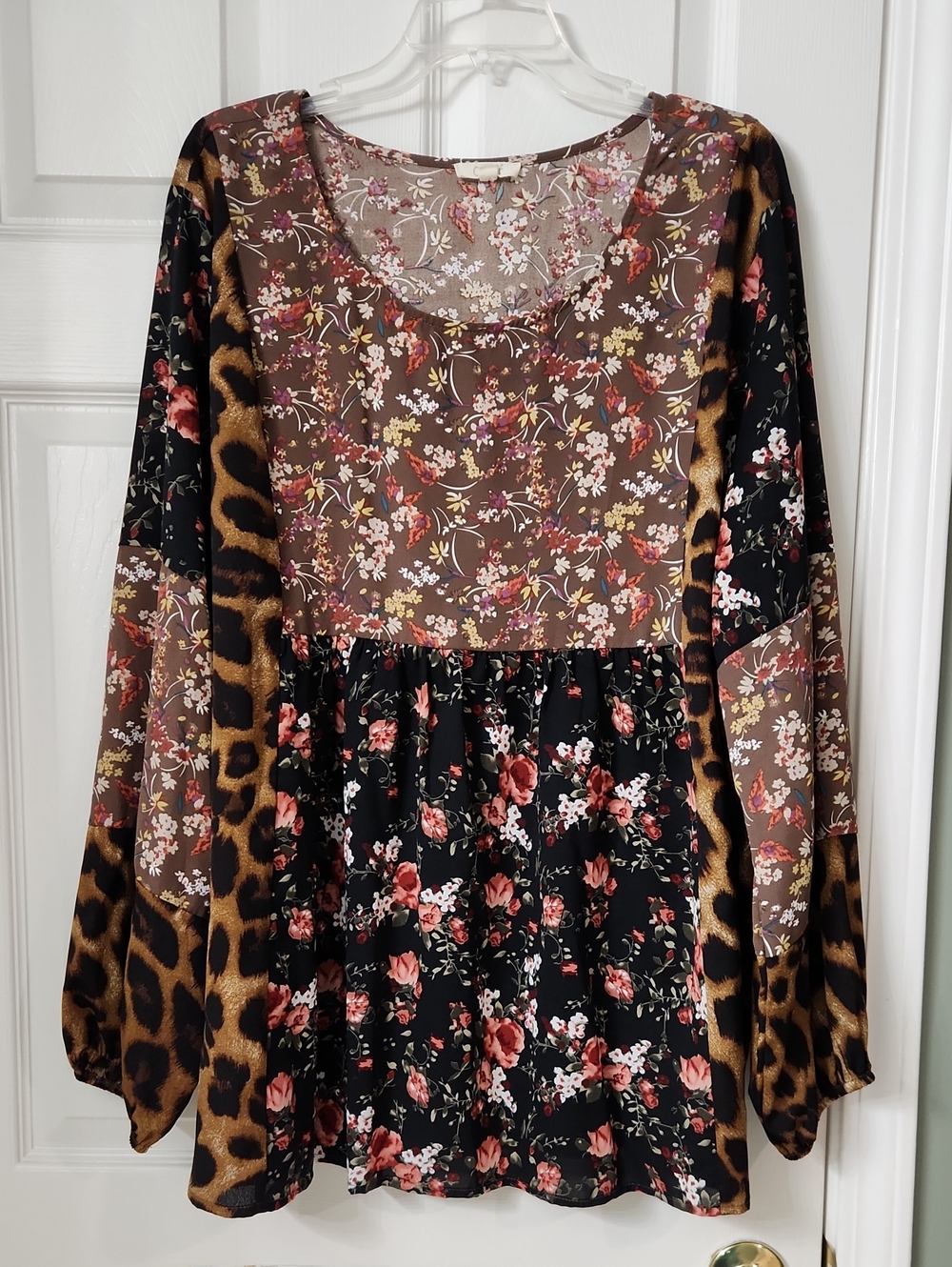 ODDY Mixed-Print Long Sleeve Tunic in Brown and Black with Leopard Accents